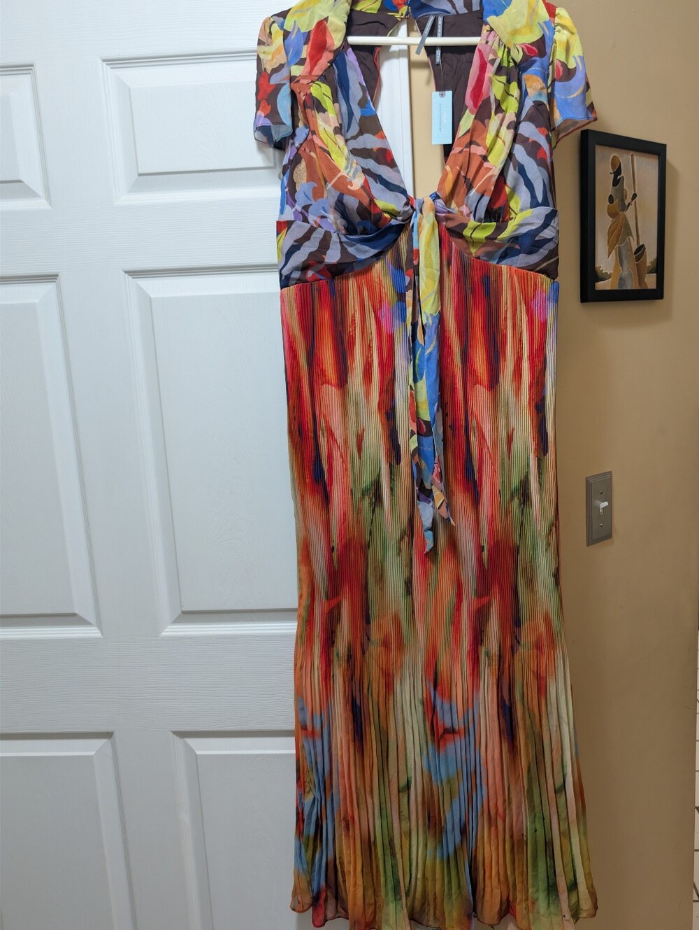 NEW Anthropologie Open Back Mixed Print Pleated Plunge V Neck Maxi Chiffon Dress - Picture 11 of 16